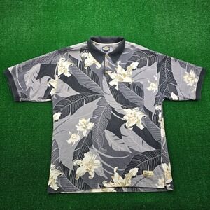 Tommy Bahama Polo Shirt Mens XL Gray Floral Vintage 90s Hawaiian Beach Casual